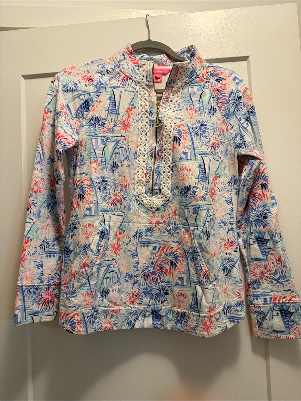 Lilly Pulitzer Coral Pink, Sky Blue & White Printed Lace-Placket Pullover